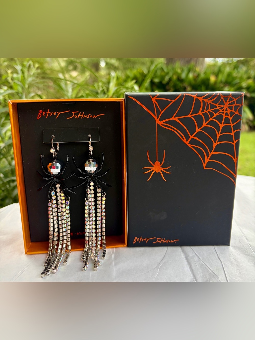 NWT BETSEY JOHNSON Black Spider Earrings with Iridescent Crystal Tassels